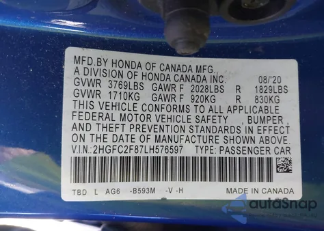 2020 Honda Civic Sport from USA, damaged, VIN 2HGFC2F87LH576597